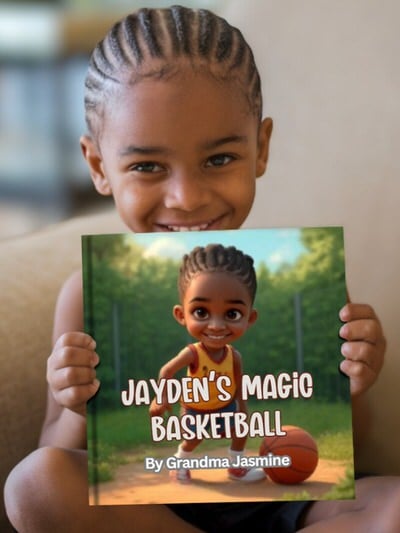 Child smiling while holding their personalized children's book from Adorabook